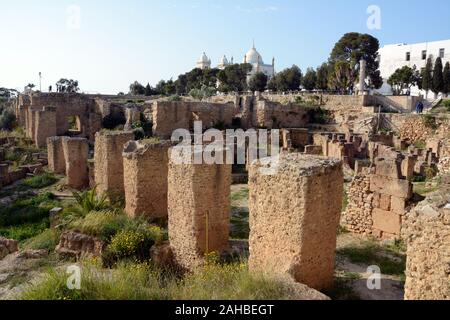 The old Punic (Carthaginian) archaeological ruins at Byrsa Hill in the posh Tunis suburb of Carthage, on the Mediterranean coast of Tunisia. Stock Photo