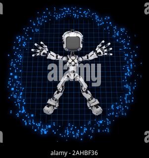 Screen robot figure character data glowing field in dark, 3d illustration, horizontal, over black Stock Photo