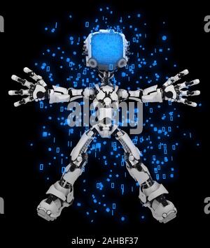Screen robot figure character data glowing around in dark, 3d illustration, horizontal, over black Stock Photo