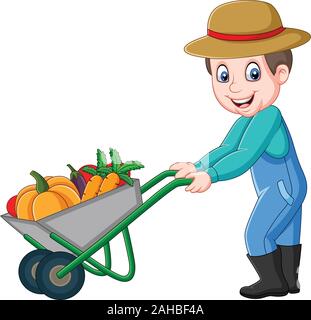 Cartoon young farmer pushing a wheelbarrow full of vegetables Stock Vector