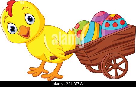 Cartoon baby chick pulling a cart full of Easter eggs Stock Vector