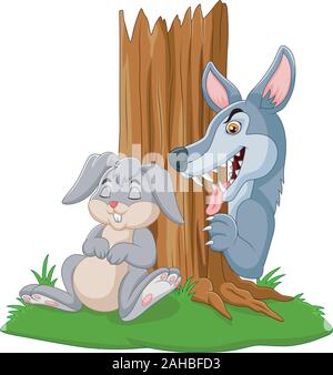 Illustration of wolf hunt a rabbit sleeping under a tree Stock Vector