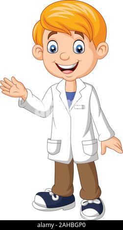 Cartoon boy scientist wearing lab white coat waving Stock Vector