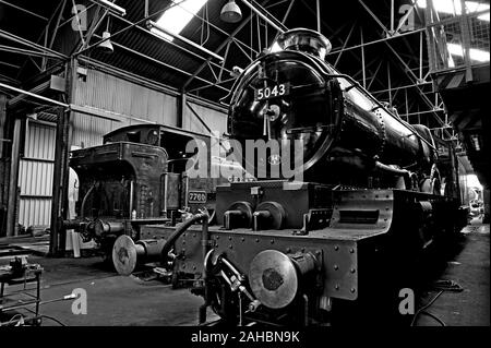 GWR steam engines pannier tank no 7760 and castle class 5043 Earl of Mount Edgcumbe in the engine shed at at Tyseley locomotive works, Birmingham Stock Photo