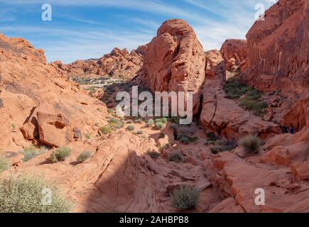 Mouse's Tank on White Domes Scenic Byway at Valley of FIre State Park, Nevada, near Las Vegas, sunny spring day, USA Stock Photo