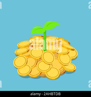 Flat 3d isometric little plant growing on golden coins pile. Savings and investment concept Stock Vector