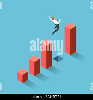 Flat 3d isometric businessman jumping through the gap between graph. Business challenge and risk concept. Stock Vector