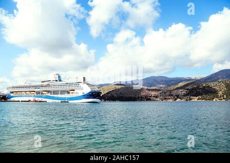 Corfu Island Kerkyra, Greece- May 2, 2019 - Cruise ship docked in the port.