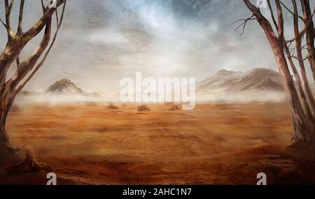 Fantasy desert landscape with hills and clouds of dust Stock Photo