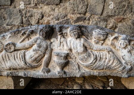 VULCI, ITALY - DECEMBER 26, 2019: archaeological finds of the Etruscan era in the park of Vulci, an ancient Etruscan city in the territory of Canino a Stock Photo