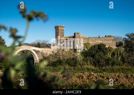 VULCI, ITALY - DECEMBER 26, 2019: panoramic view from the countryside of the Badia bridge and castle, medieval dating back to the 13th century, an anc Stock Photo