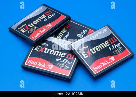 Used compact flash memory cards, Sandisk Extreme 111 mixed storage Stock Photo
