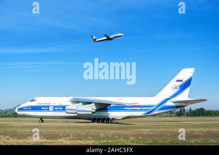 Budapest, Hungary - August 11, 2015: airplane Antonov An124 cargo standby at Ferenc Liszt Airport on April 20, 2013, in Budapest Hungary. Stock Photo