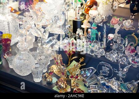 Original Bohemian glass products on counter in czech souvenir shop Stock Photo