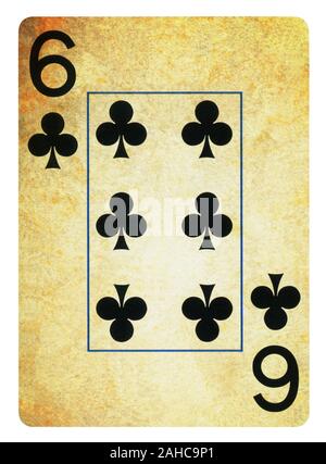 Six of Clubs Vintage playing card - isolated on white (clipping path included) Stock Photo