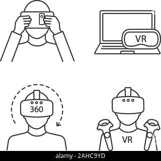 Virtual reality linear icons set. Thin line contour symbols. VR cardboard, players, computer headset, 360 degree video. Isolated vector outline illust Stock Vector