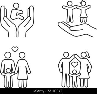 Child custody linear icons set. Thin line contour symbols. Childcare. Children's rights and protection, happy families. Positive parenting. Isolated v Stock Vector