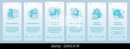 Volunteering types onboarding mobile app page screen vector template. Volunteer opportunities walkthrough website steps with linear illustrations. UX, Stock Vector