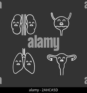 Sad human internal organs chalk icons set. Unhappy kidneys, urinary bladder, lungs, uterus. Unhealthy pulmonary, urinary, reproductive systems. Isolat Stock Vector