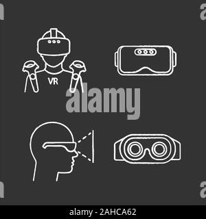 Virtual reality chalk icons set. VR player with mask, wireless controllers, headset inside view, 3D glasses. Isolated vector chalkboard illustrations Stock Vector
