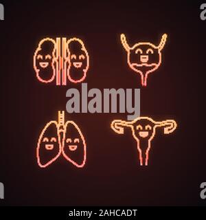 Smiling human internal organs neon light icons set. Happy kidneys, urinary bladder, lungs, uterus. Healthy pulmonary, urinary, reproductive systems. G Stock Vector