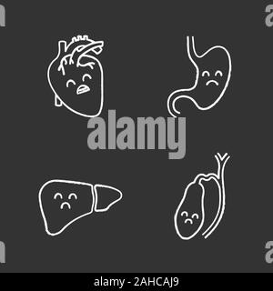 Sad human internal organs chalk icons set. Unhappy heart, stomach, liver, gallbladder. Unhealthy cardiovascular and digestive systems. Isolated vector Stock Vector