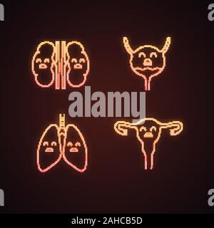 Sad human internal organs neon light icons set. Unhappy kidneys, urinary bladder, lungs, uterus. Unhealthy pulmonary, urinary, reproductive systems. G Stock Vector