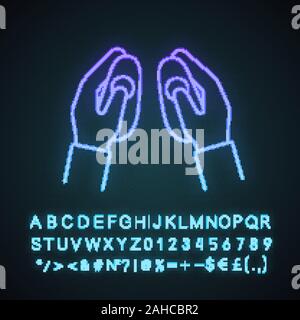 VR wireless controller neon light icon. Hands holding virtual reality gamepad. VR game console, remote control. Glowing sign with alphabet, numbers an Stock Vector