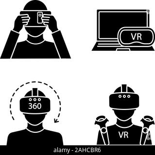 Virtual reality glyph icons set. Silhouette symbols. VR cardboard, players, computer headset, 360 degree video. Vector isolated illustration Stock Vector