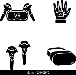 Virtual reality devices glyph icons set. Silhouette symbols. VR headset and wireless controllers, haptic glove. Vector isolated illustration Stock Vector