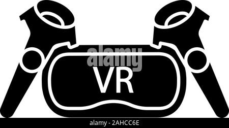 VR set glyph icon. Silhouette symbol. Virtual reality headset and controllers. VR glasses with remote control, gamepad. Negative space. Vector isolate Stock Vector