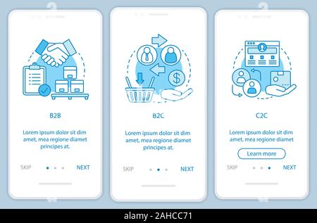 Business transactions onboarding mobile app page screen vector template. B2B, B2C, C2C walkthrough website steps. Market types. Business models. UX, U Stock Vector