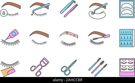 Eyelash extension color icons set. Individual, flare lashes. 3D, 2D volume eyelashes. Makeup. Scissors, lash curler, tweezers, mascara wand. Isolated Stock Vector