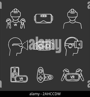 Virtual reality chalk icons set. VR games players, headsets, controllers, smartphone apps. Virtual reality devices. Isolated vector chalkboard illustr Stock Vector