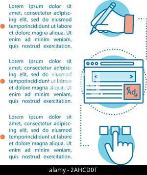 Advertising article page vector template. Media, contextual ads. Brochure, magazine, booklet design. Content creation. Digital marketing. Copywriting. Stock Vector
