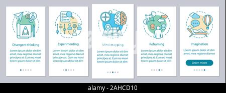 Professional qualities onboarding mobile app page screen vector template. HR soft skills. Imagination, experimenting, mind mapping. Walkthrough websit Stock Vector