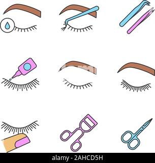 Eyelash extension color icons set. Makeup tools. Primer, cluster, tweezers, glue, lash curler, scissors, stop touching, before and after eyelash exten Stock Vector