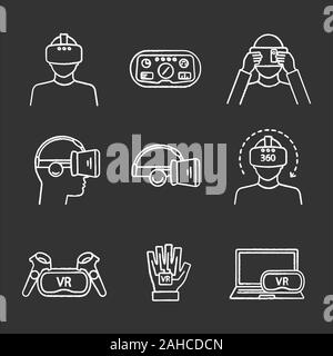 Virtual reality chalk icons set. VR games players, headsets, controllers, HUD, glove, computer, video. Virtual reality devices. Isolated vector chalkb Stock Vector