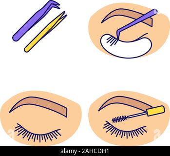 Eyelash extension color icons set. Straight and curved pointed tweezers, closed woman's eye, mascara, classic individual eyelash extension. Isolated v Stock Vector