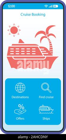 Cruise booking app smartphone interface vector template. Mobile travel page blue design layout. Sail trip, vacation tickets reservation screen. Cruisi Stock Vector