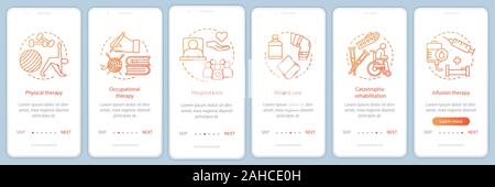 Nursing service onboarding mobile app page screen vector template. Rehabilitation treatment walkthrough website steps. Physical therapy, wound care, h Stock Vector