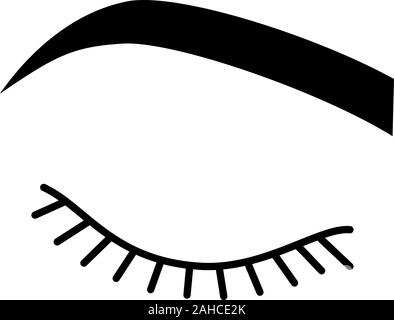 Closed woman eye glyph icon. Silhouette symbol. Before eyelash extension. Soft angled eyebrows. Brows shaping. Microblading, tattooing. Negative space Stock Vector