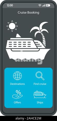 Cruise booking app smartphone interface vector template. Mobile black design layout. Sail trip, vacation tickets reservation screen. Cruising applicat Stock Vector