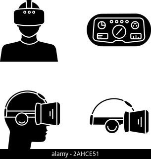 Virtual reality glyph icons set. Silhouette symbols. VR players, headset HUD, glasses with built in headphones. Vector isolated illustration Stock Vector