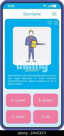 Quiz game app smartphone interface vector template. Mobile page blue design layout. Trivia contest application screen. Flat UI. Online intellectual pl Stock Vector