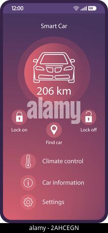 Smart car control app mobile interface vector template. Smartphone application page purple design layout. Autonomous remote controller flat gradient U Stock Vector