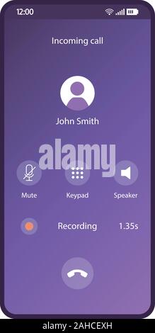 Phone calls app smartphone interface vector template. Mobile application page purple design layout. Incoming call, voice recording on screen. Mute, ke Stock Vector