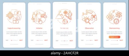 Professional qualities onboarding mobile app screen vector template. HR soft skills walkthrough website steps. Logical reasoning, initiative, brainsto Stock Vector