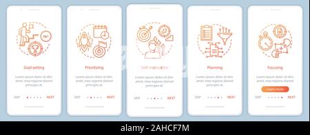 HR baseline skills onboarding mobile app page screen vector template. Professional employee qualities walkthrough website steps. Goal setting, priorit Stock Vector