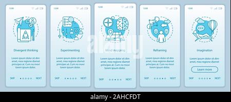 Professional qualities onboarding mobile app page screen vector template. HR soft skills. Imagination, experimenting, reframing. Walkthrough website s Stock Vector